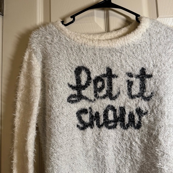 Cozy White Fuzzy Sweater with 'Let it Snow' Design - Picture 2 of 5